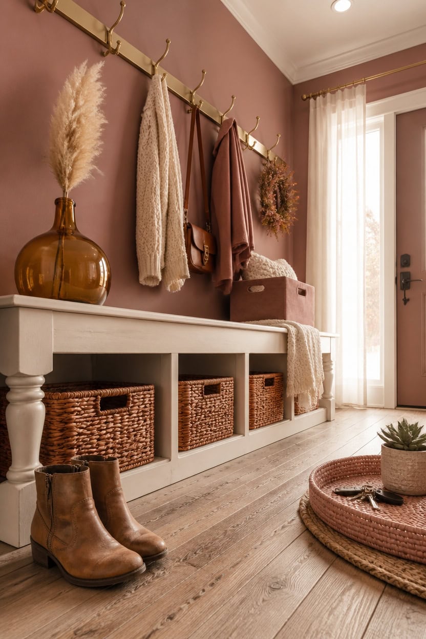 Entryway with coat hooks, wreath, and boots in a warm-toned home.