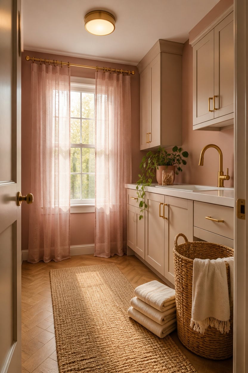 Bright laundry room with pink sheer curtains and white cabinetry.