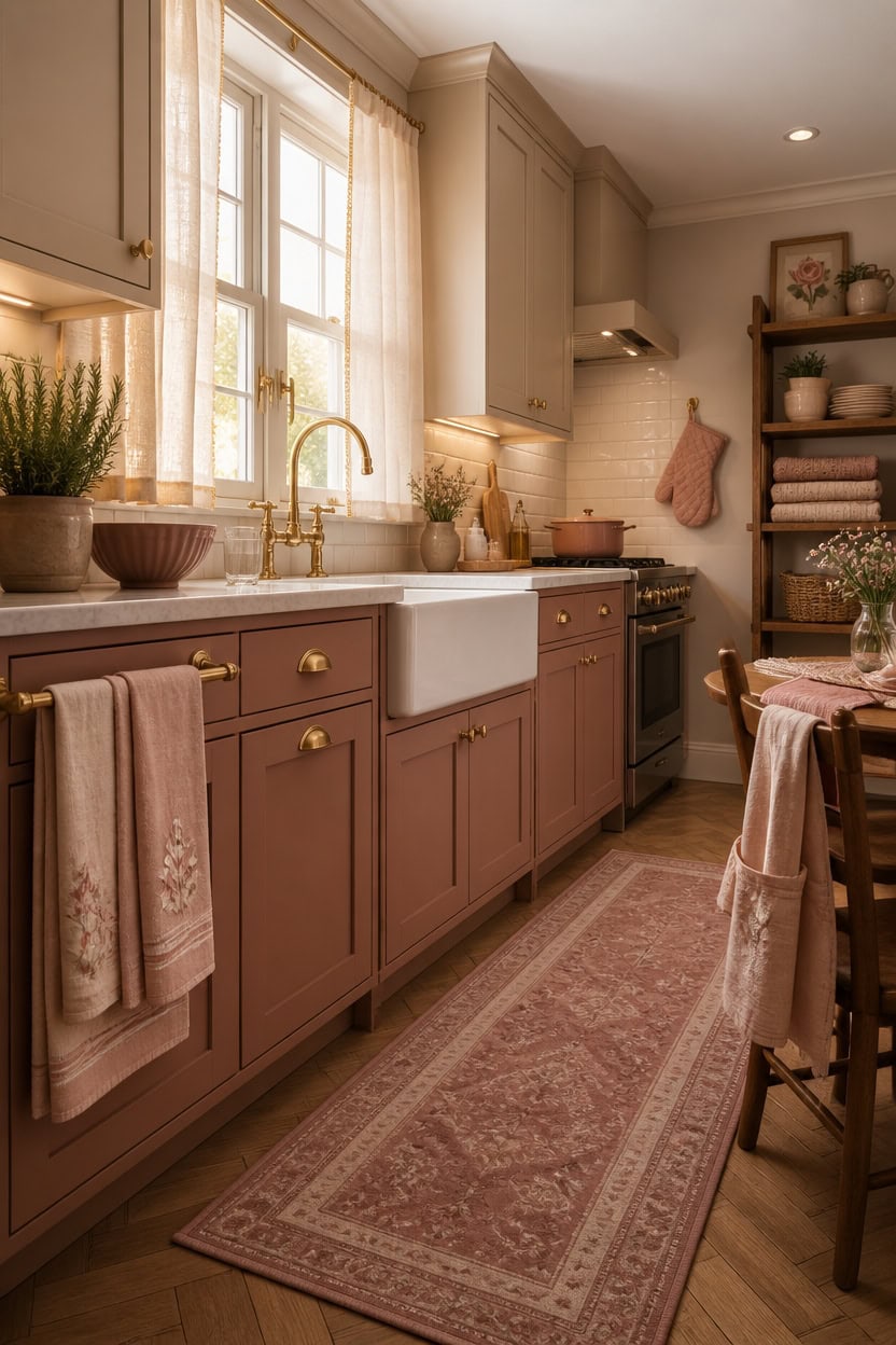 Bright vintage kitchen with beige cabinets, white farmhouse sink, and open shelving.
