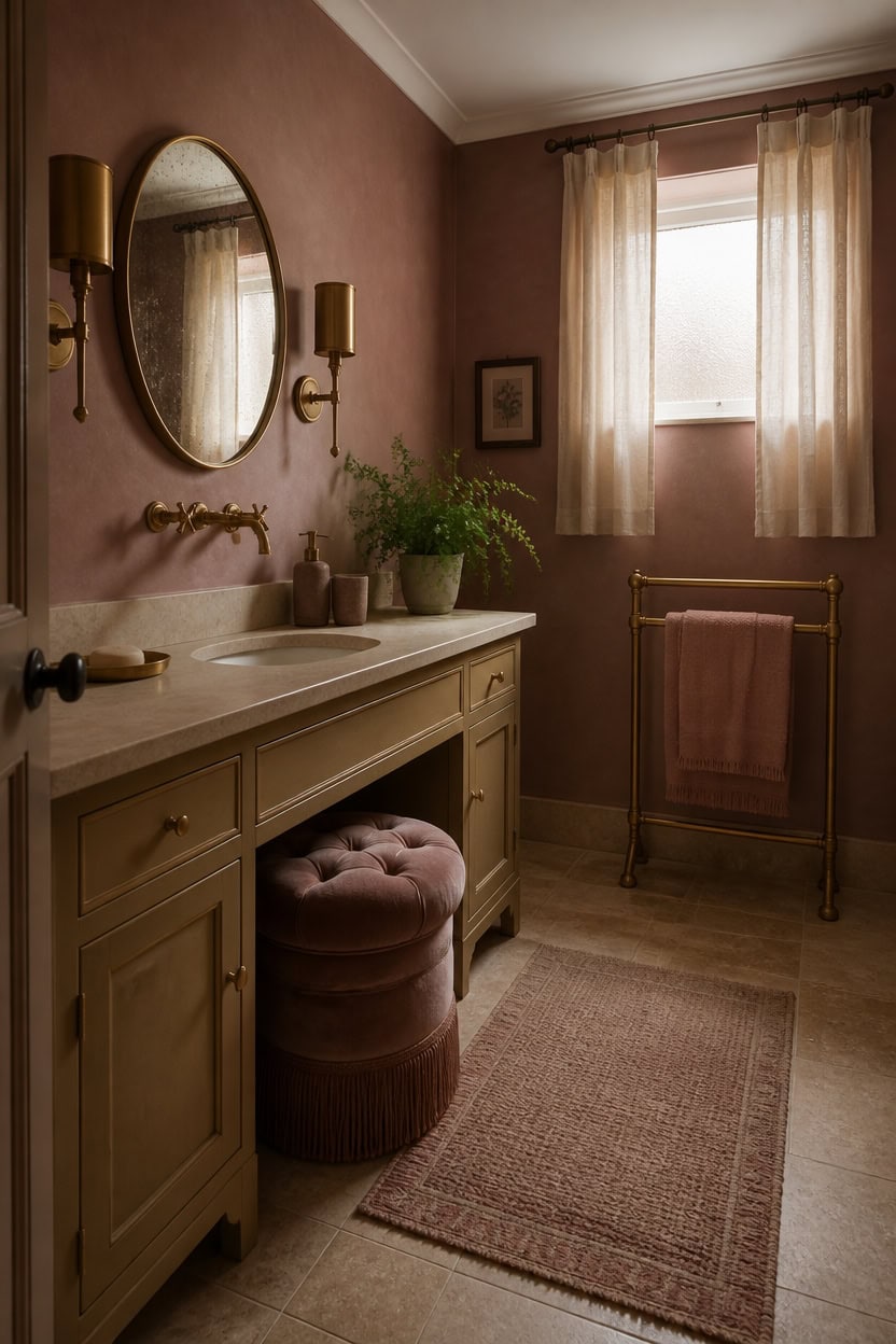 Bright bathroom with vintage-style vanity, round mirror, and soft natural light from window.