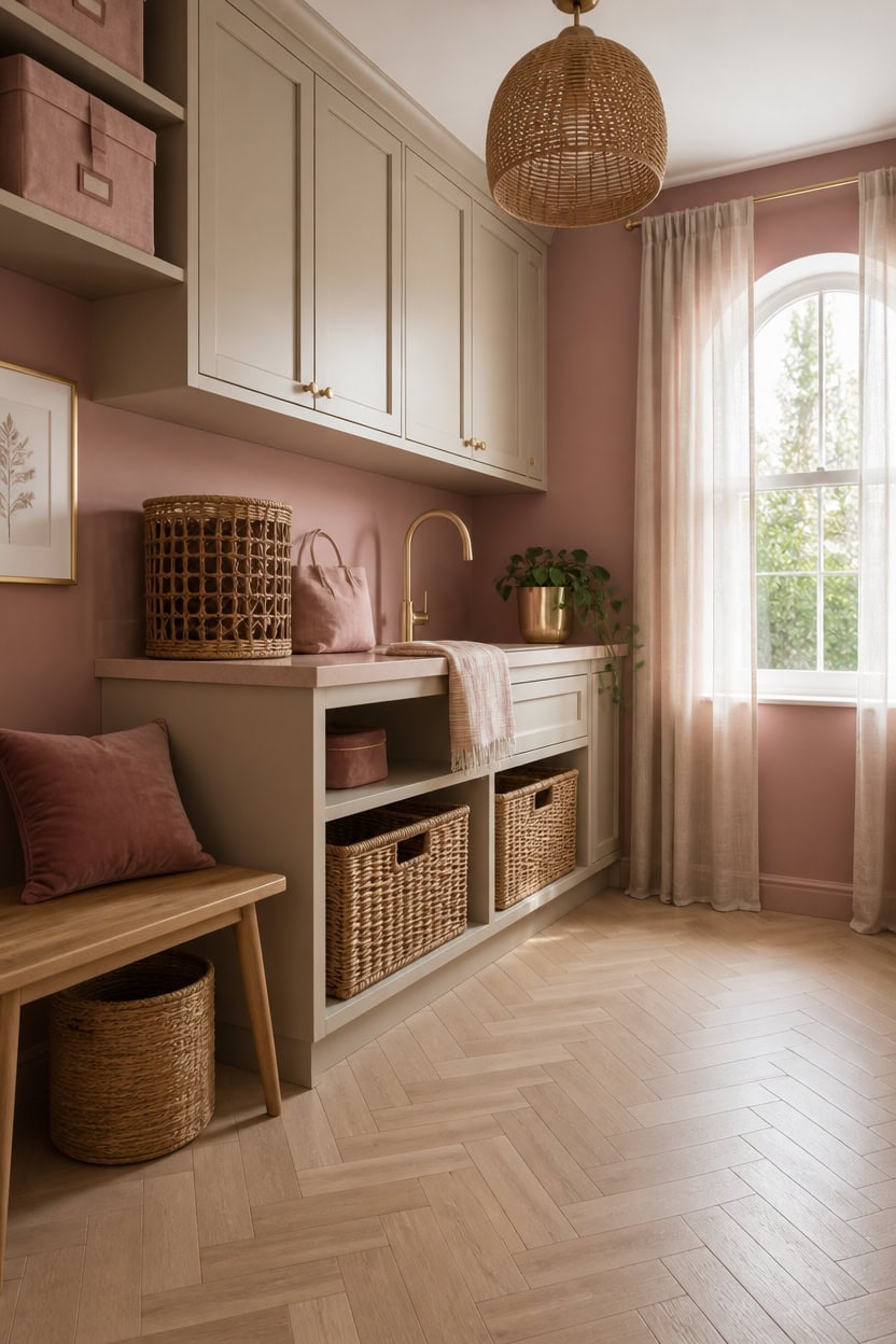 Bright laundry room with pink walls, white cabinetry, and woven baskets for storage.