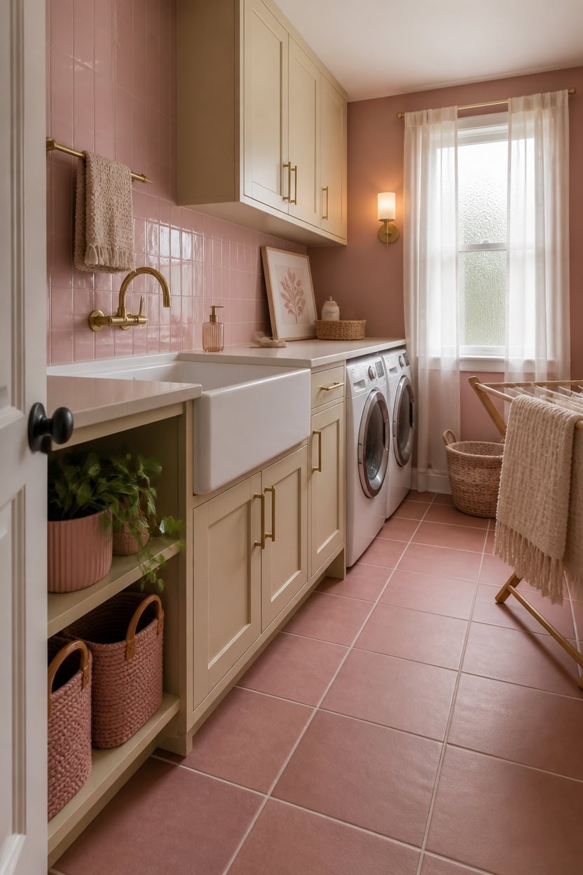 Laundry room with washer, dryer, and pink decor accents.