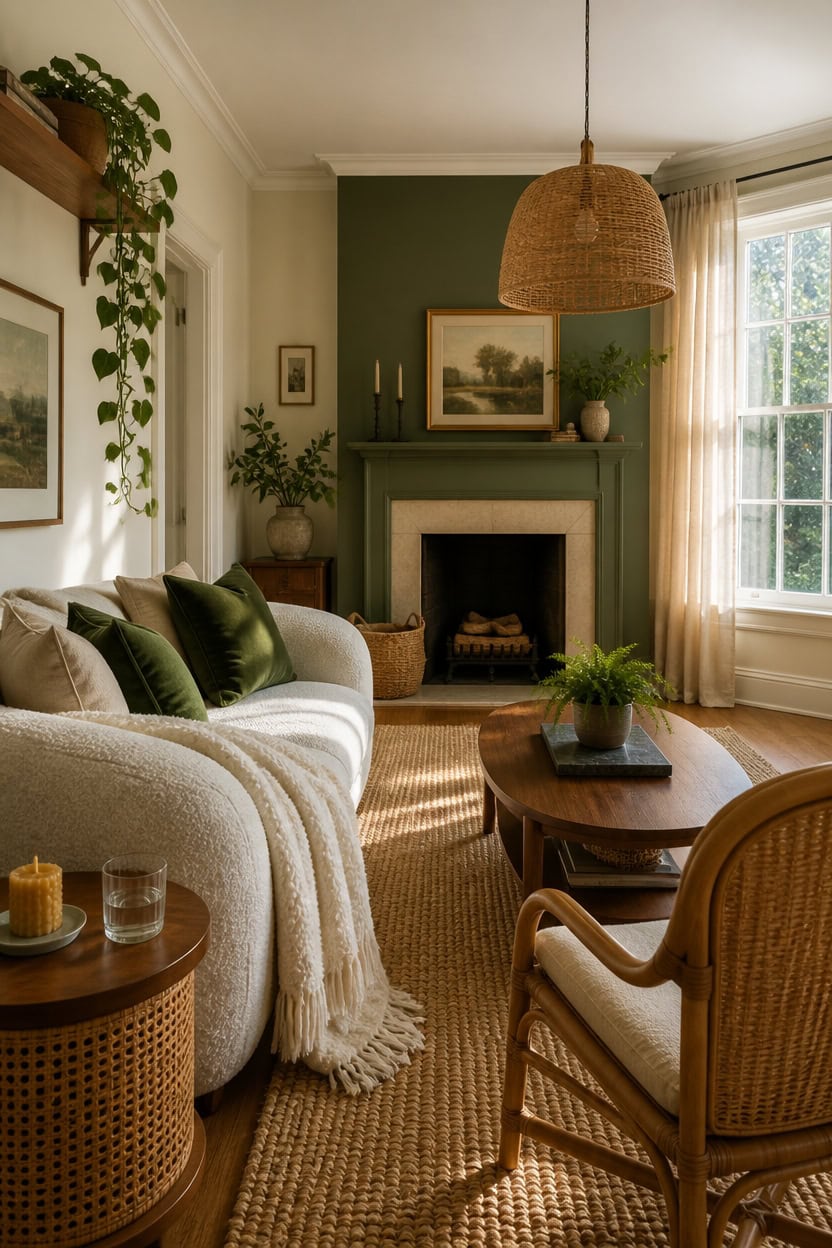 Inviting living room featuring a fireplace, green accent wall, and natural light from large windows.