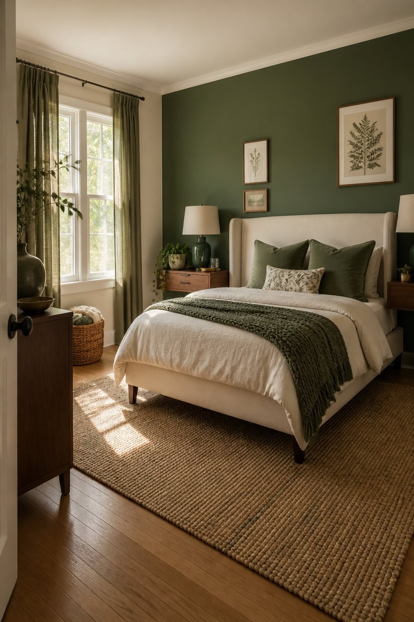 Comfortable bedroom featuring a green accent wall, large window with curtains, and stylish decor.