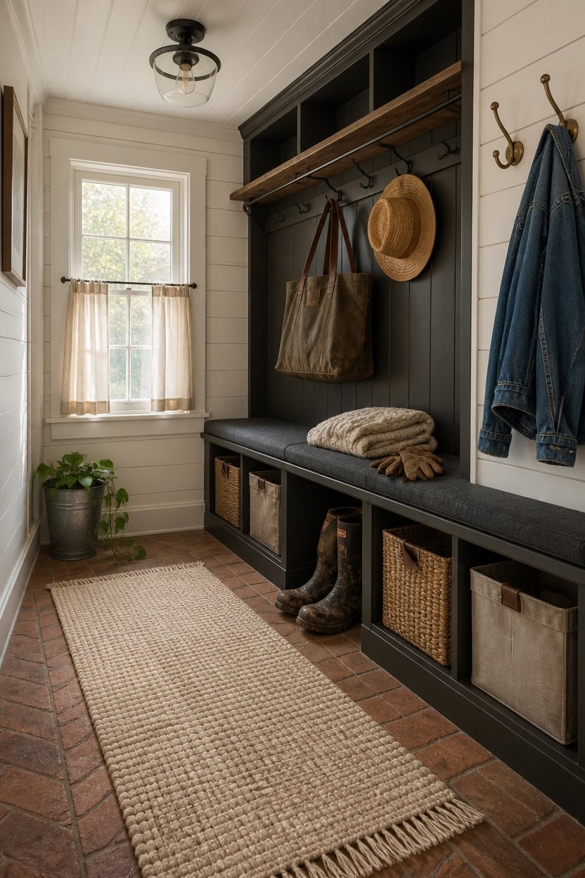 Inviting mudroom with bench, hooks, and storage baskets for organization.