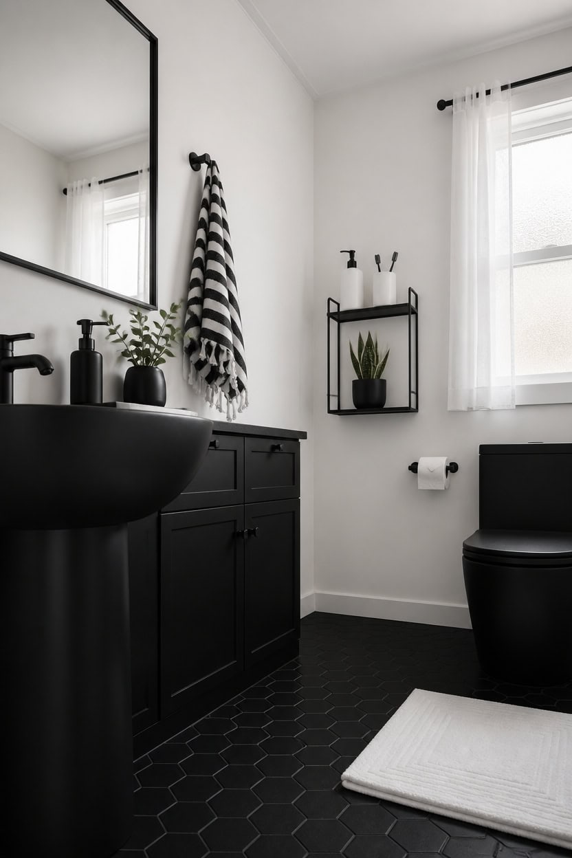 Elegant black and white bathroom featuring a black vanity, matching toilet, and minimalist accessori.