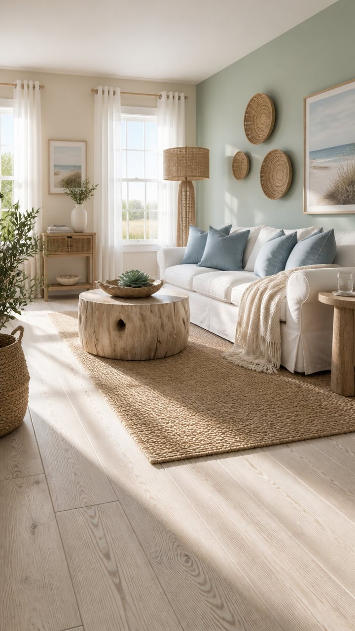 Bright and airy living room with coastal decor, white sofa, and natural wood accents, perfect for relaxing at Apartment ABC.