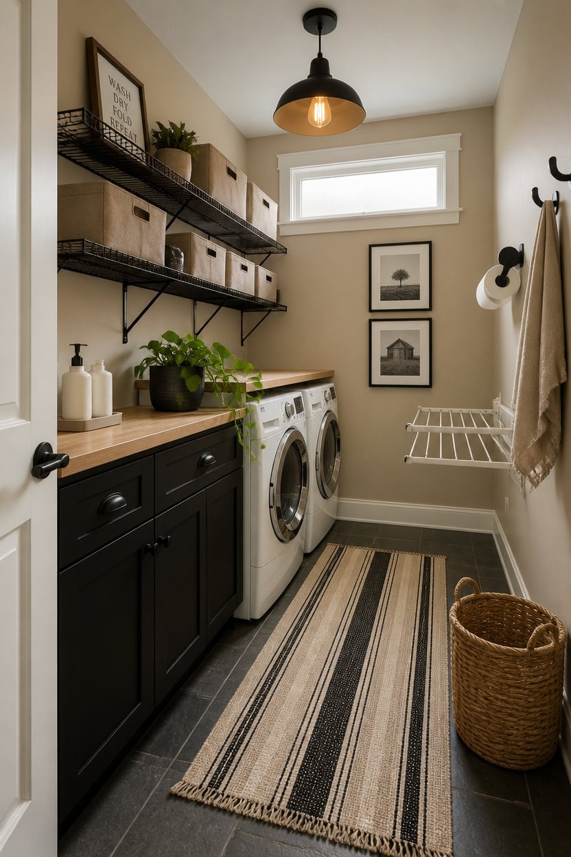 Bright laundry room with washer, storage shelves, and natural light from window.