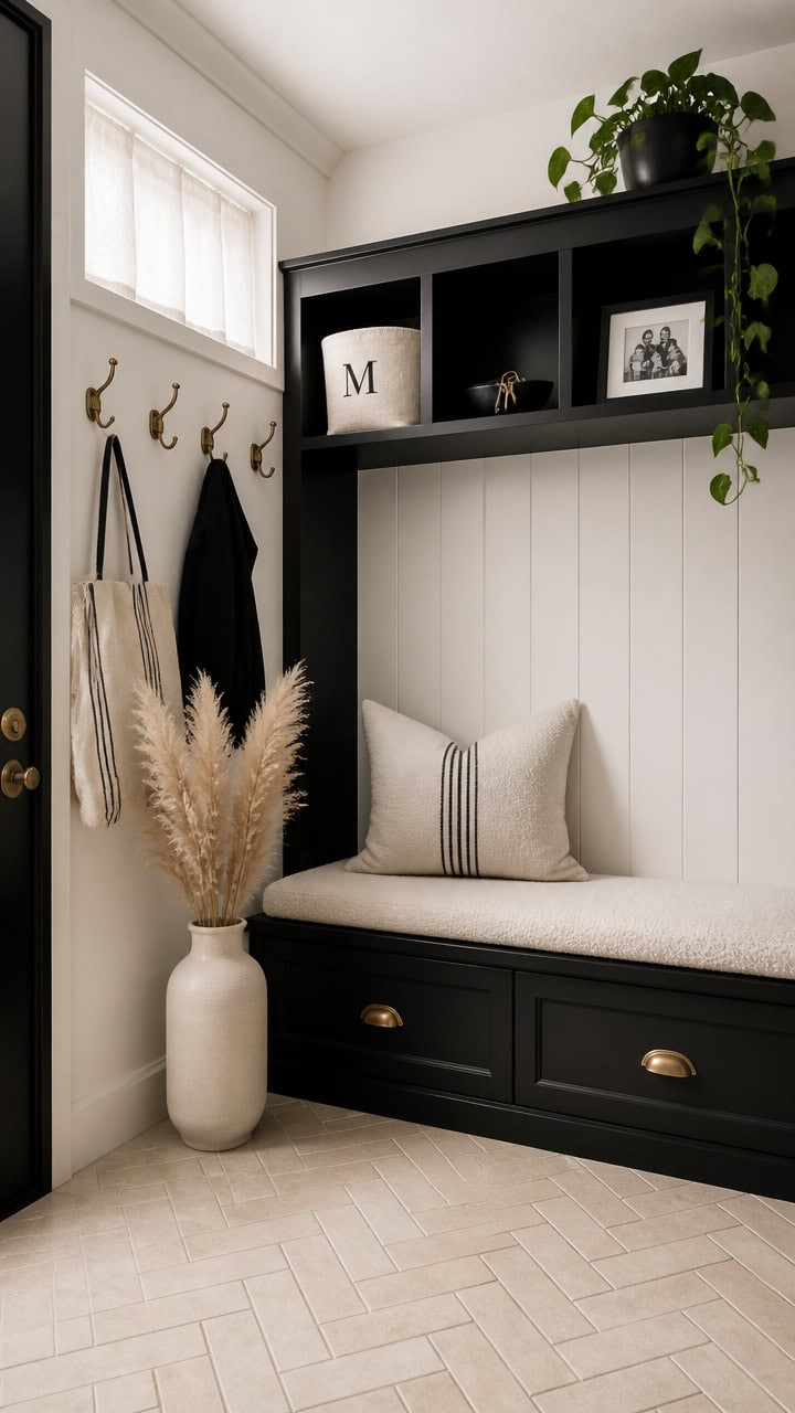 Entryway bench with storage and decorative pillows in a modern home.