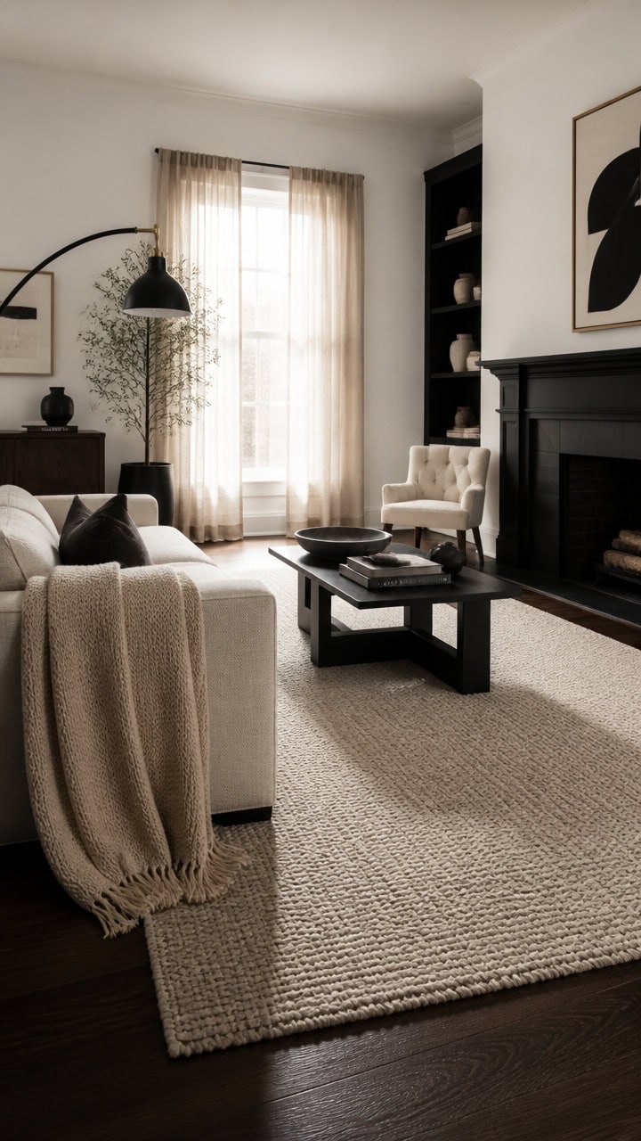Cozy living room featuring a beige sofa, armchair, black fireplace, and natural light from large win.