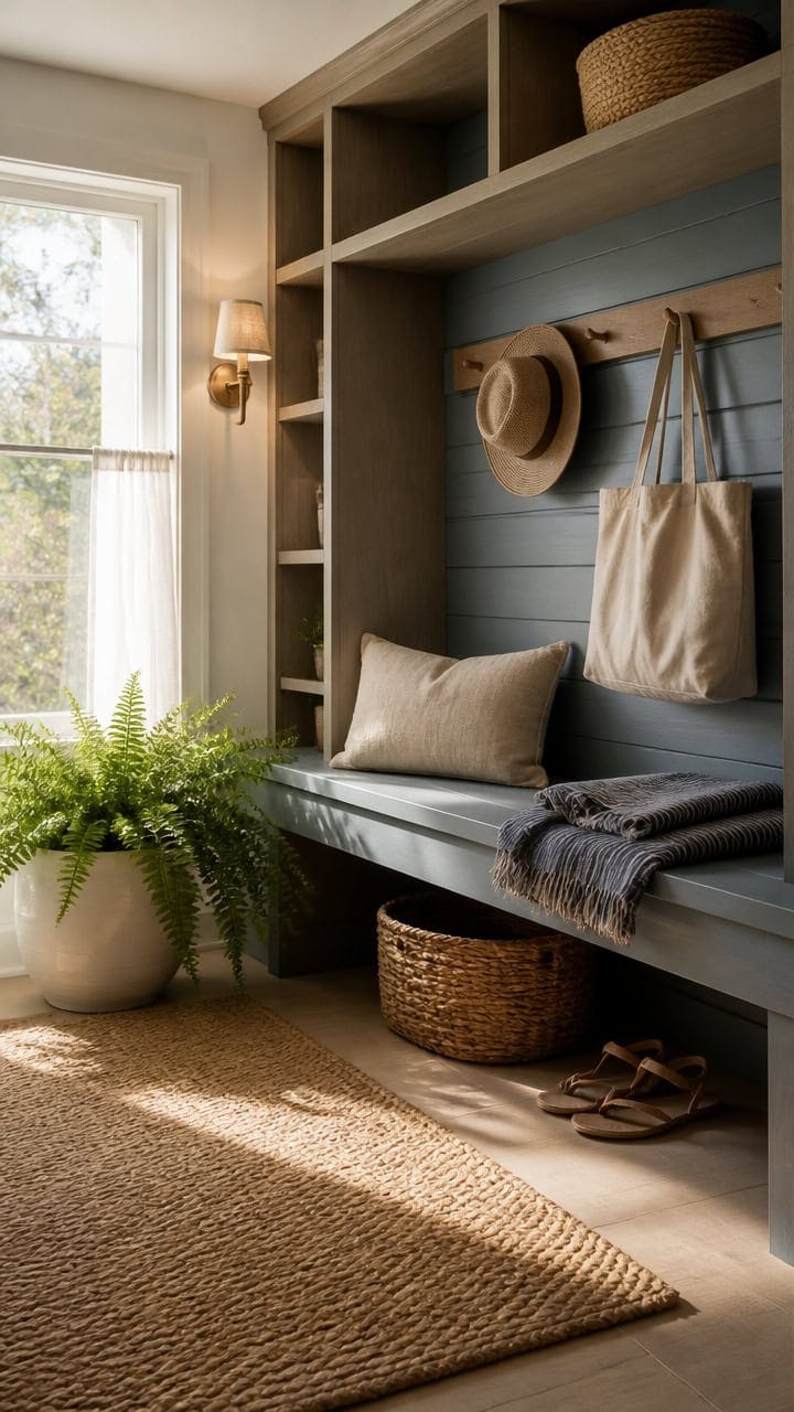 Entryway with built-in shelves, hat hooks, and seating area in a modern apartment. Bright natural light enhances the welcomin.