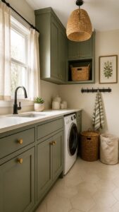 Bright laundry room with green cabinetry, a front-loading washing machine, and natural light from a.