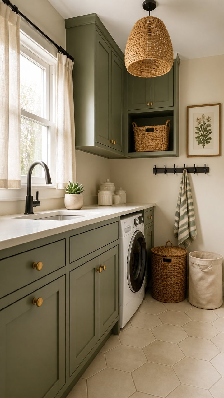 Bright laundry room with green cabinetry, a front-loading washing machine, and natural light from a.