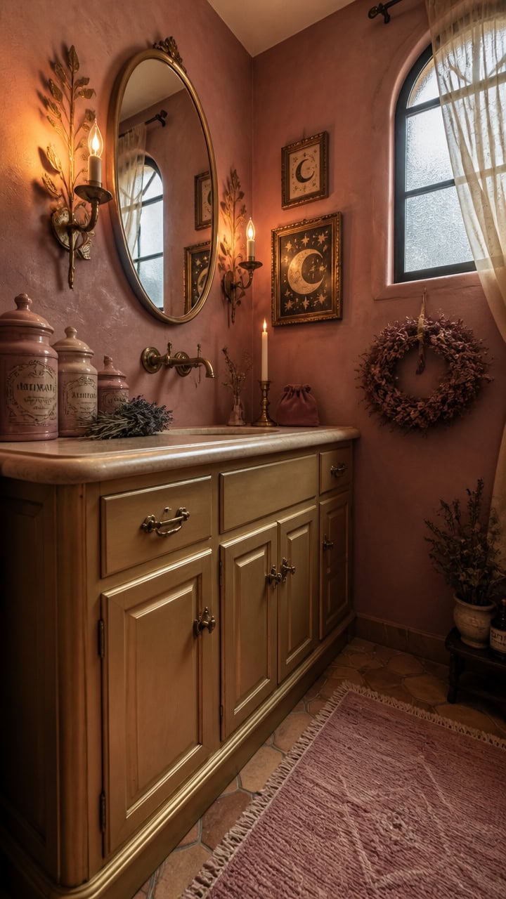 Vintage-inspired bathroom with warm lighting and decorative wall art.