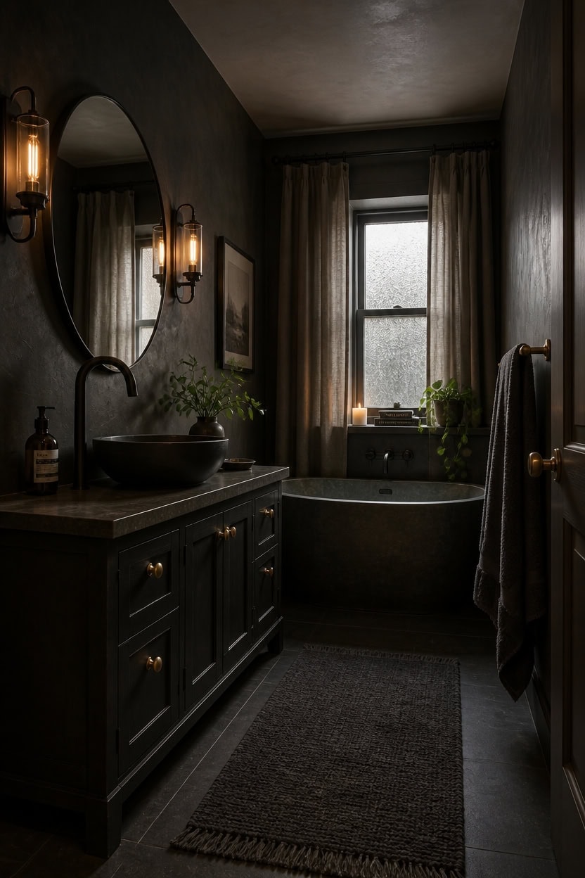 A stylish dark-themed bathroom featuring a black vanity with a vessel sink, warm lighting, and a freestanding bathtub by a wi.