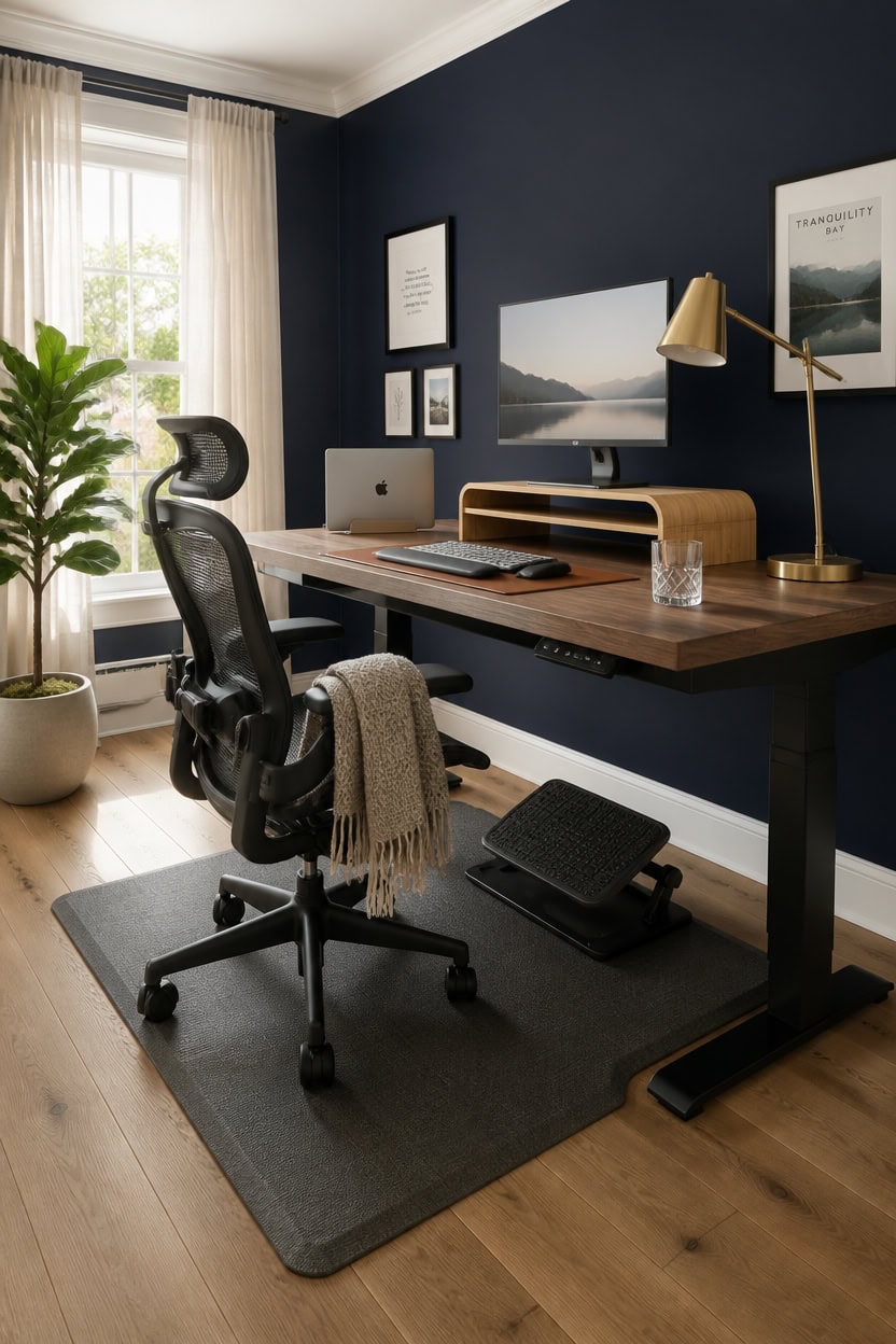 Home office workspace with navy wall, desk, ergonomic chair, and decor.