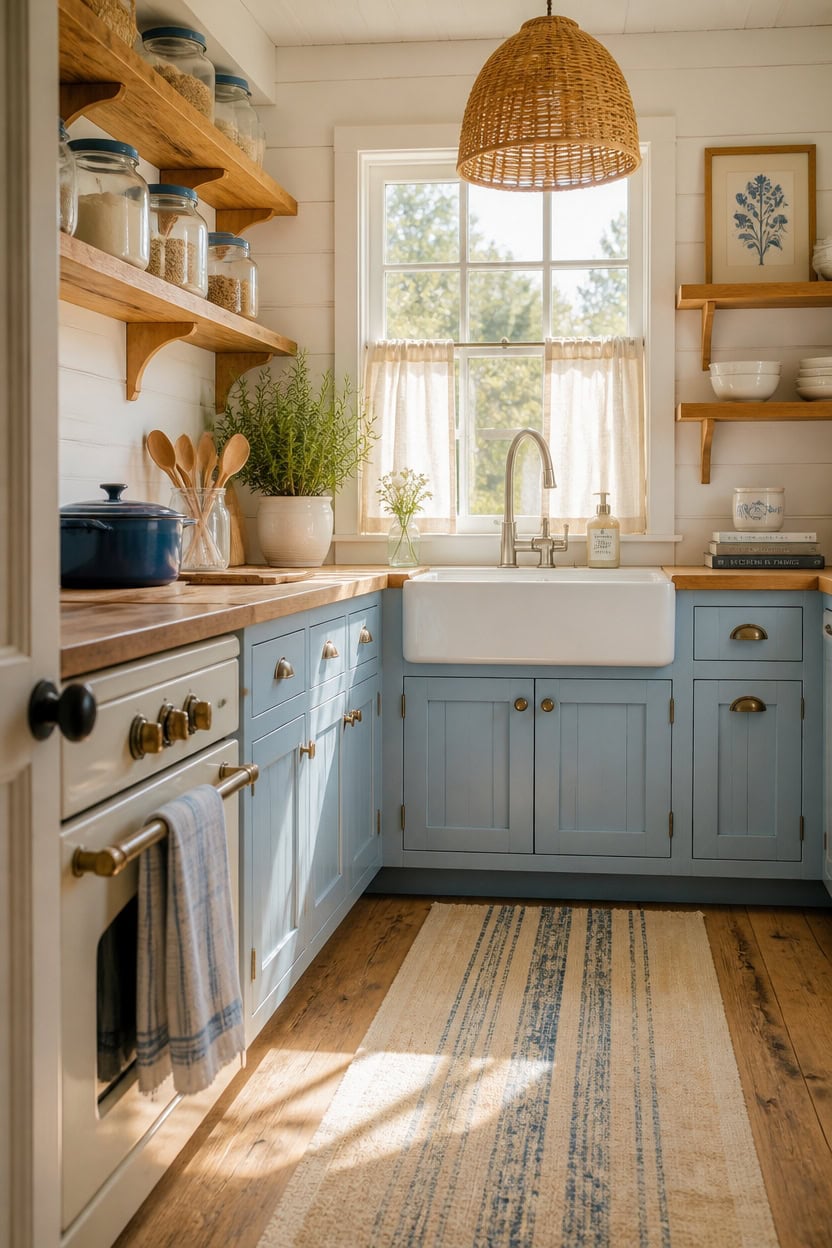 Bright kitchen with blue cabinets, open shelving, and a farmhouse sink, perfect for apartment living.