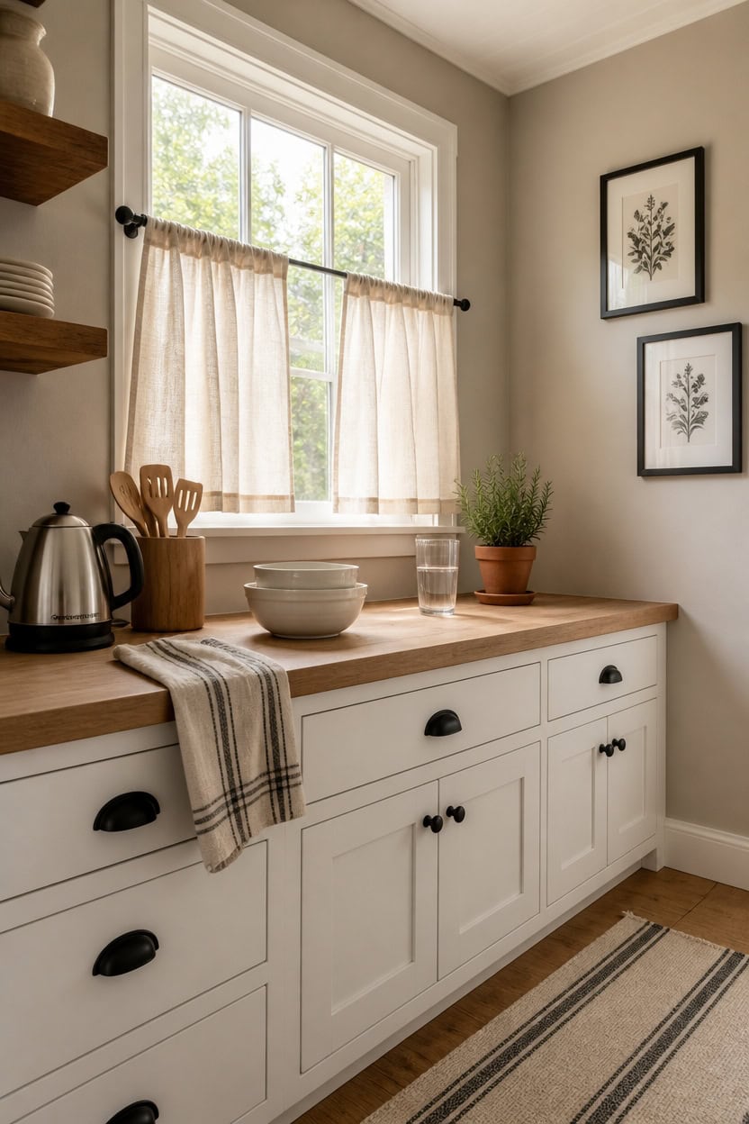 Bright kitchen corner with a large window, white cabinetry, wooden countertop, and decorative framed.