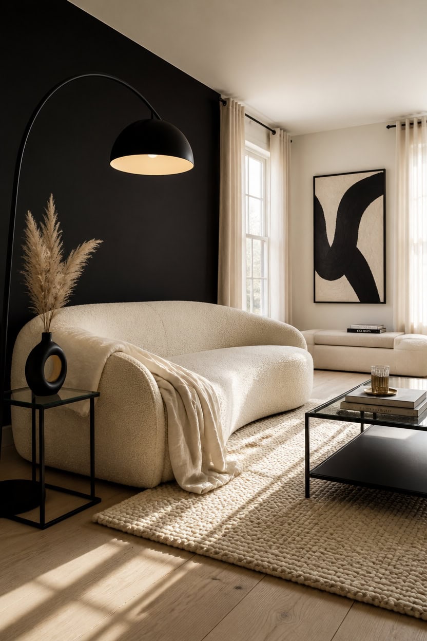 Living room with beige sofa, black accent wall, and contemporary artwork.