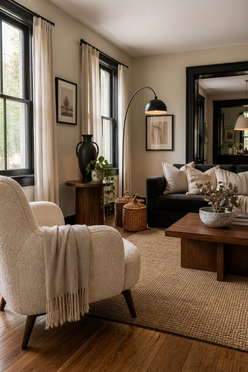 Bright living room with large windows, comfortable armchair, sofa, and modern decor.