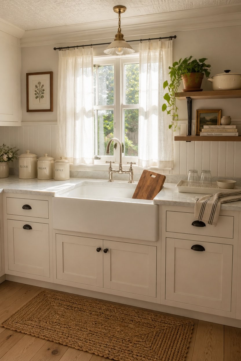 Bright white kitchen with farmhouse sink, open shelving, and large window letting in natural light.