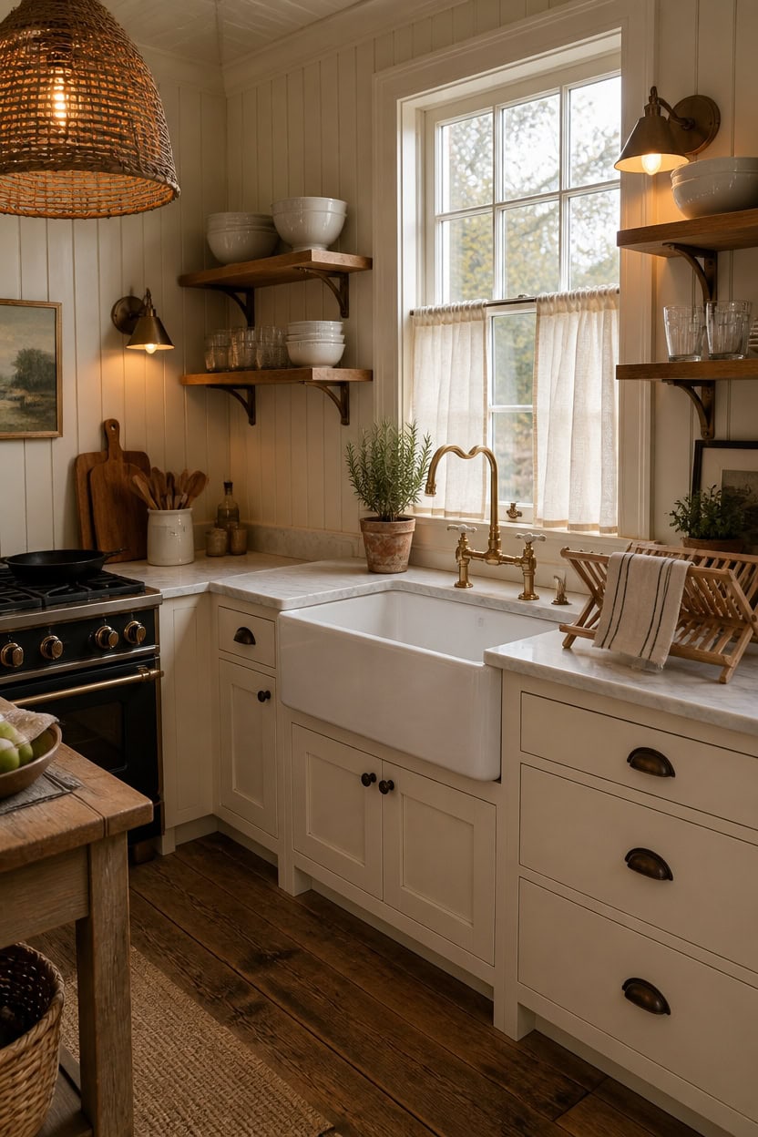 Rustic kitchen featuring open wooden shelves, farmhouse sink, and natural light. Perfect for cozy ap.