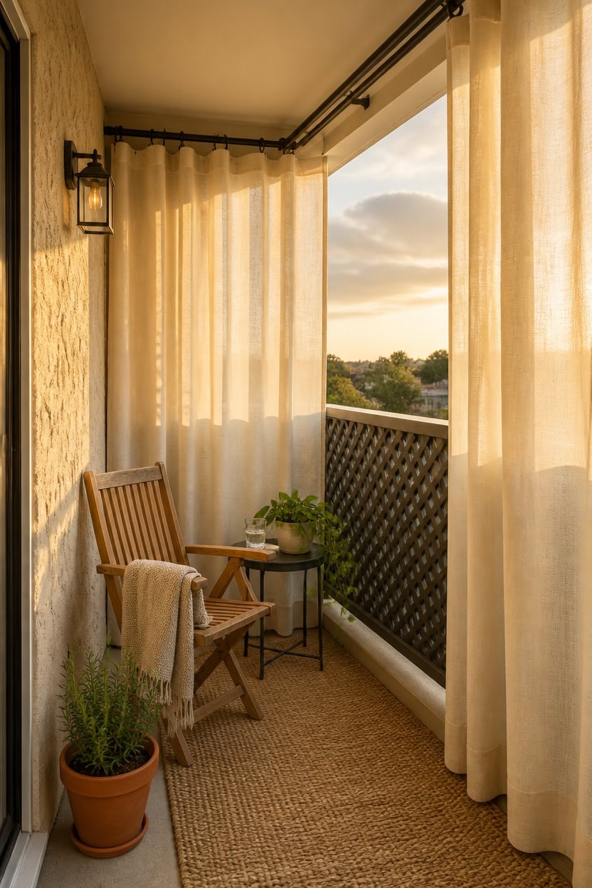 Balcony with beige curtains, wooden chair, potted plant, and sunset view, perfect for relaxing in an.