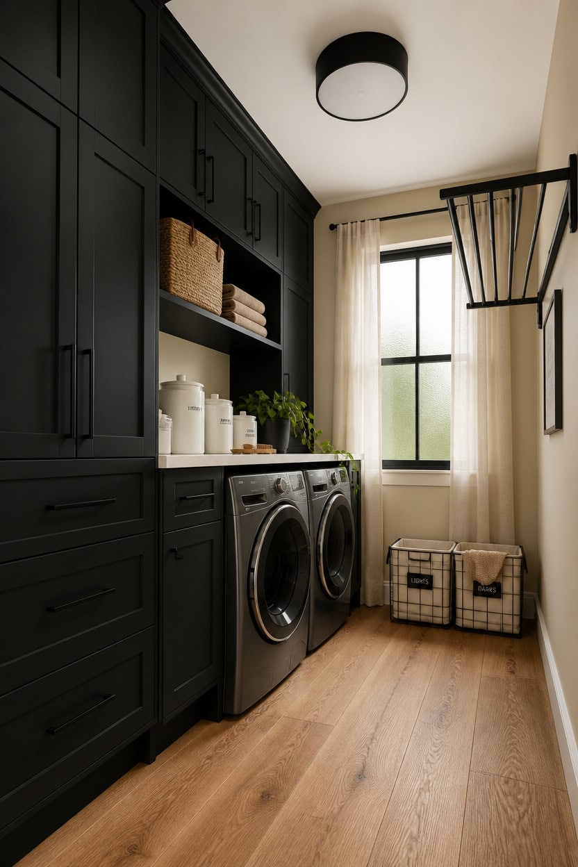 Laundry room with black cabinetry, washer and dryer, and ample storage space. Bright window and mini.