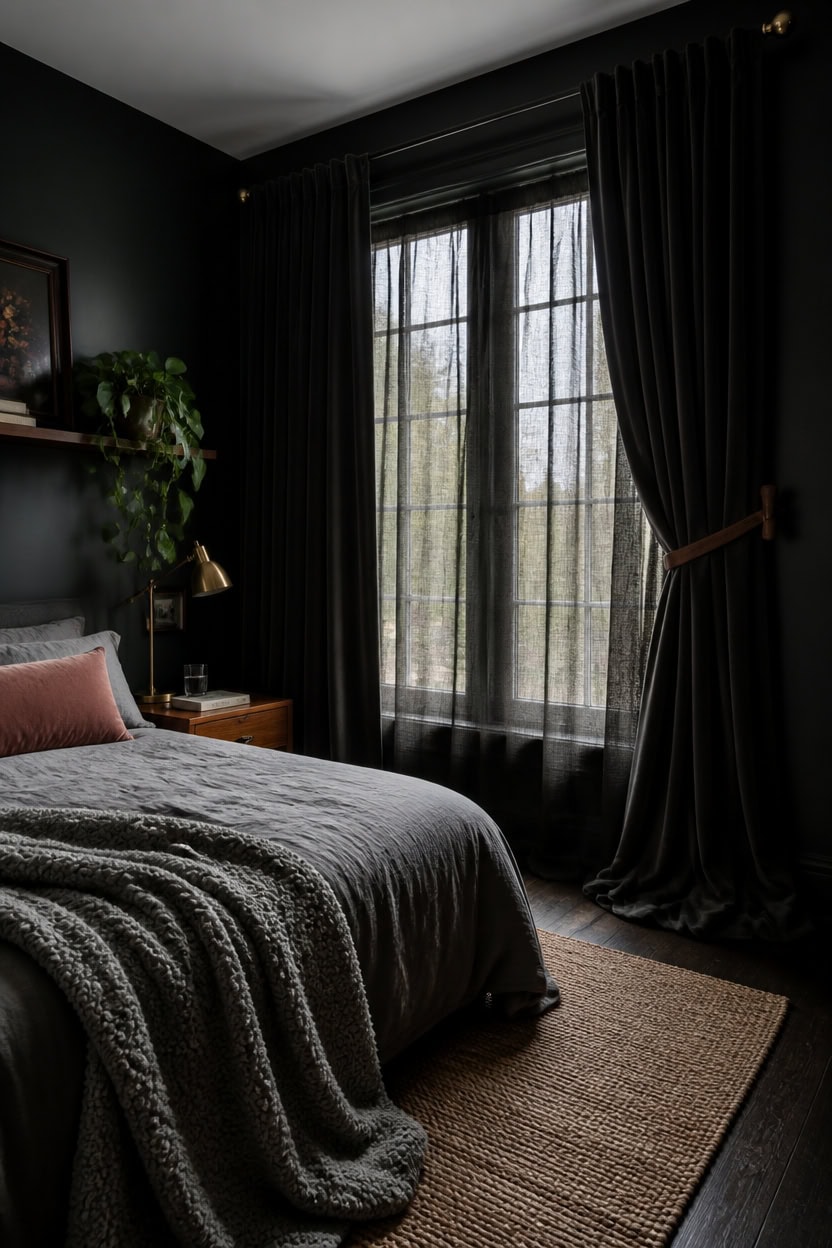 floor to ceiling charcoal curtains