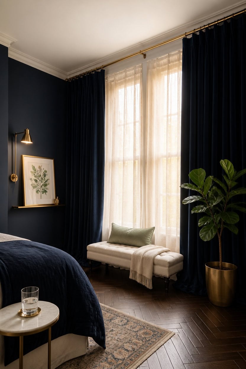 floor to ceiling navy curtains
