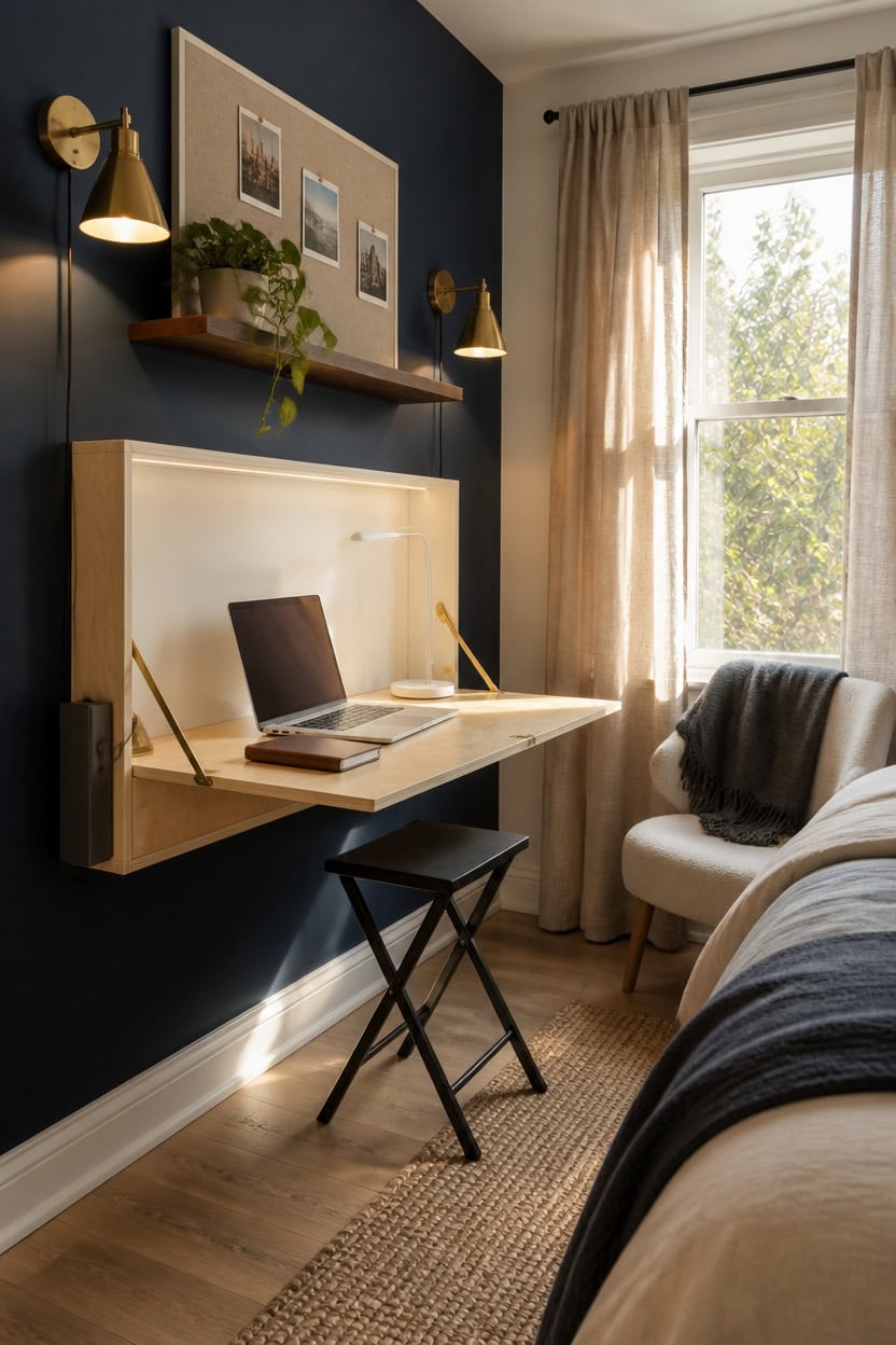 Small home office with desk, chair, and window overlooking greenery.