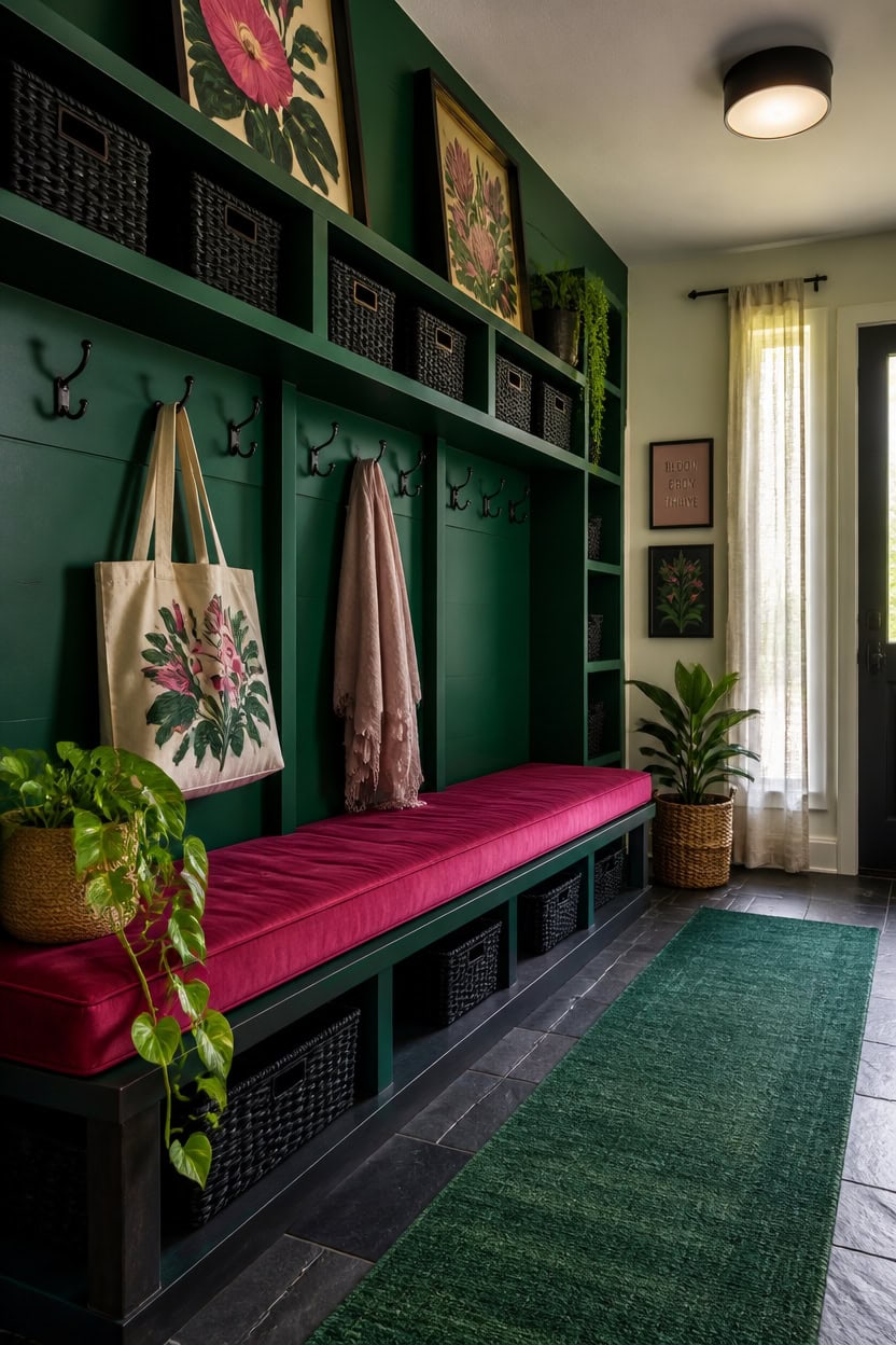 Stylish apartment entryway with green wall, hooks, and floral decor.