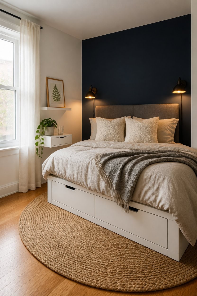 Modern bedroom with beige bedding, navy accent wall, and natural light from large window.