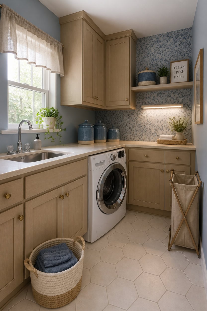 Bright laundry room featuring beige cabinets, a washing machine, and blue accents for a welcoming sp.