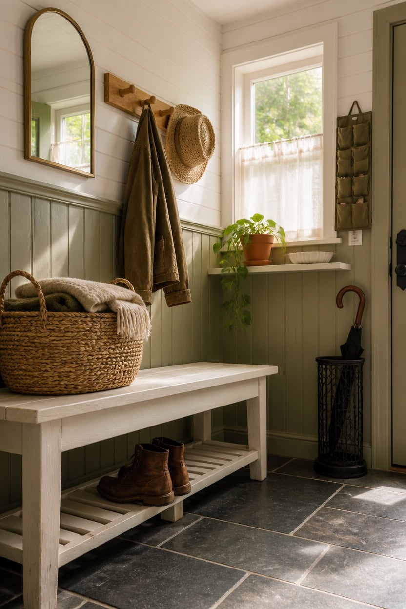 Entryway with shoes, hat, and plant near window.
