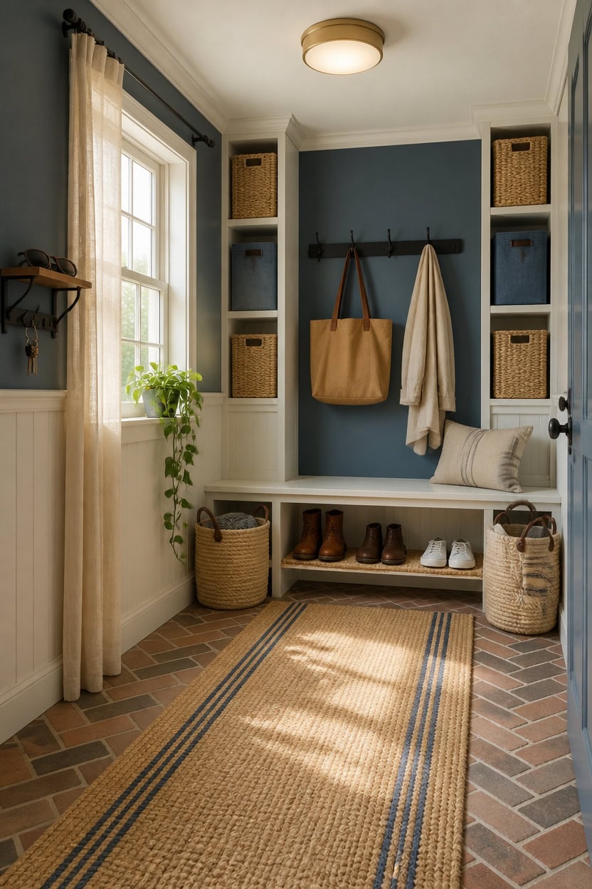 Entryway with wall-mounted hooks, baskets, and shoes for organized living.