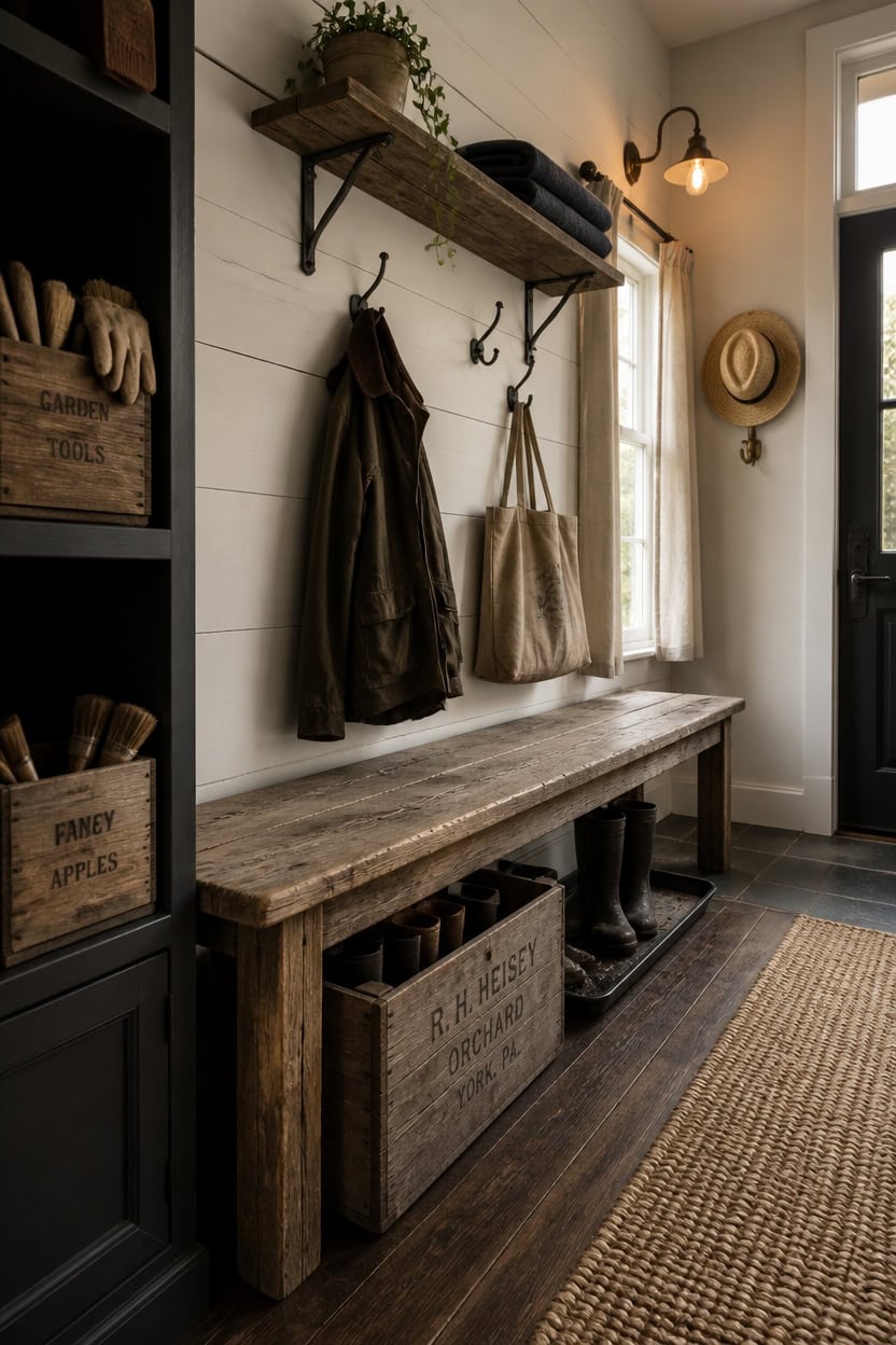 Entryway with rustic wooden bench, wall hooks, and vintage decor.
