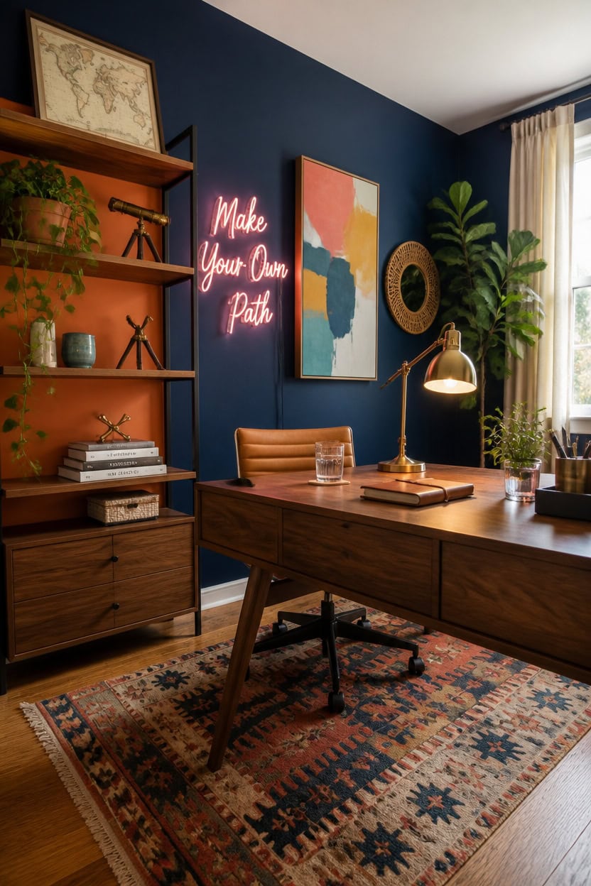 Stylish home office with wooden desk, modern decor, and vibrant wall art.