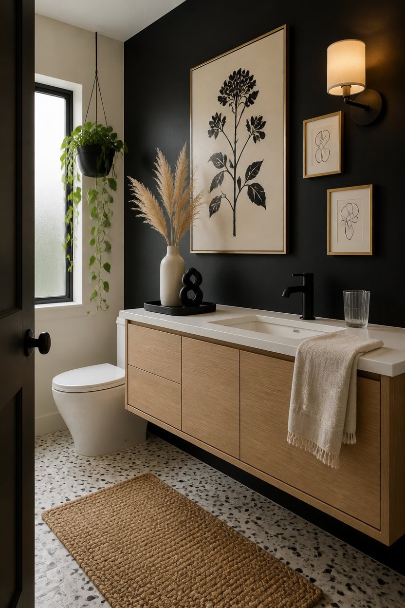 Bright bathroom featuring a black accent wall, wooden vanity, and stylish wall art. Includes a potte.