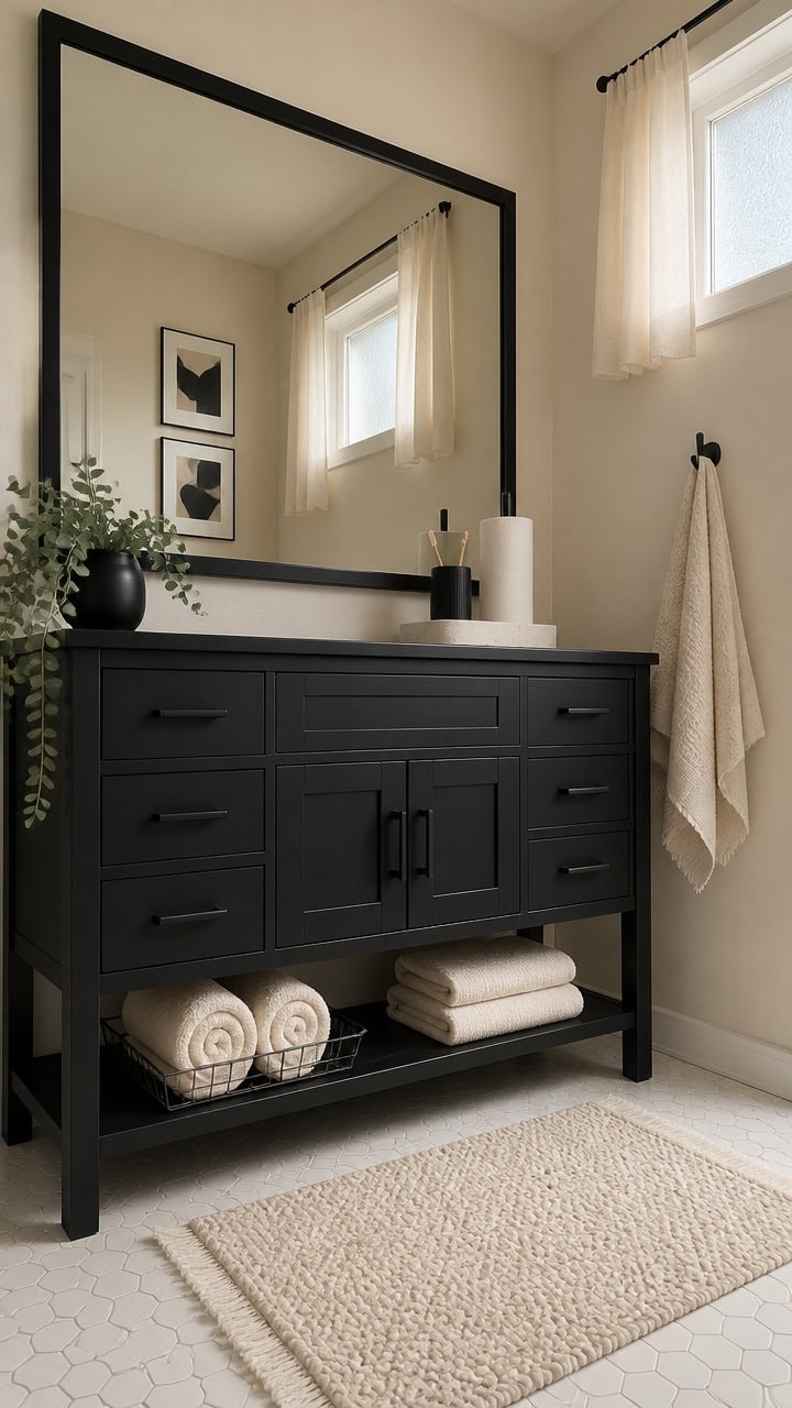 Bathroom vanity with large mirror, black cabinetry, and natural light.