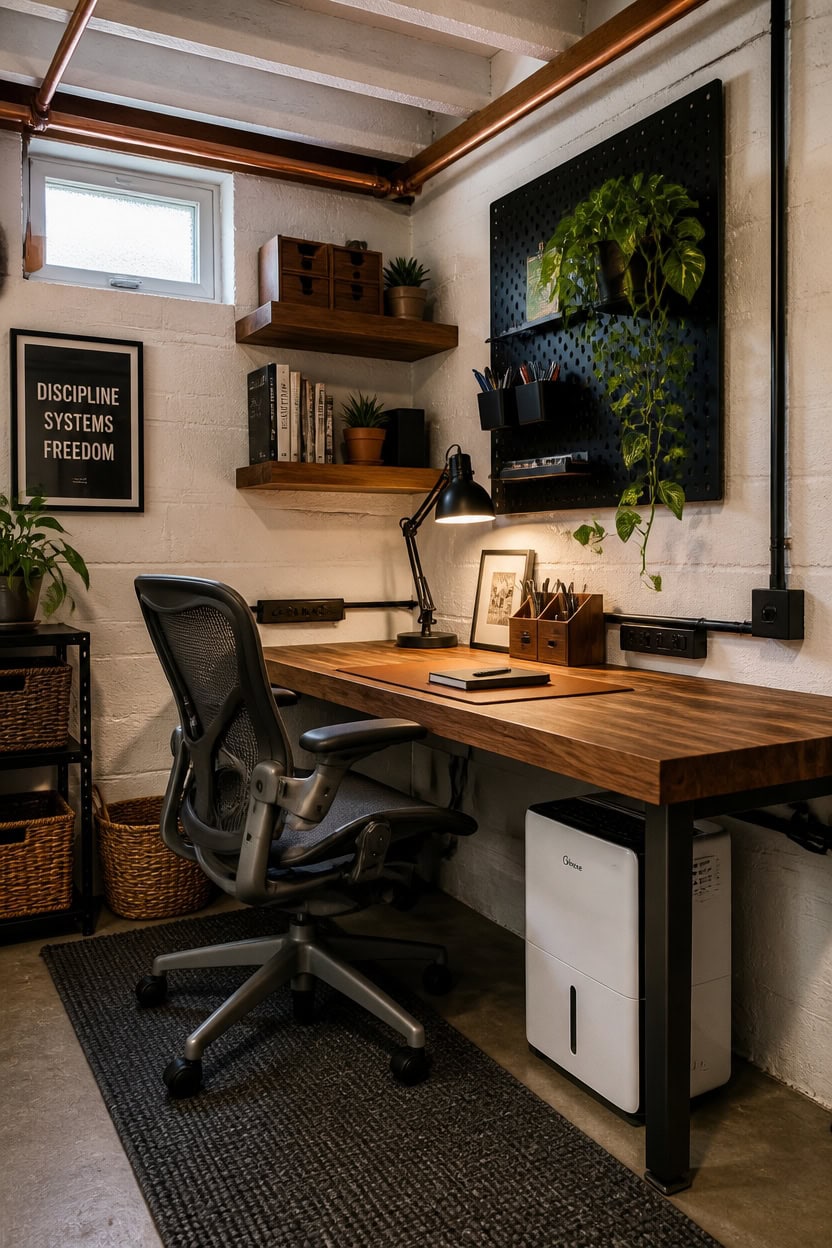Home office setup with wooden desk, ergonomic chair, wall-mounted monitor, and decorative plants.