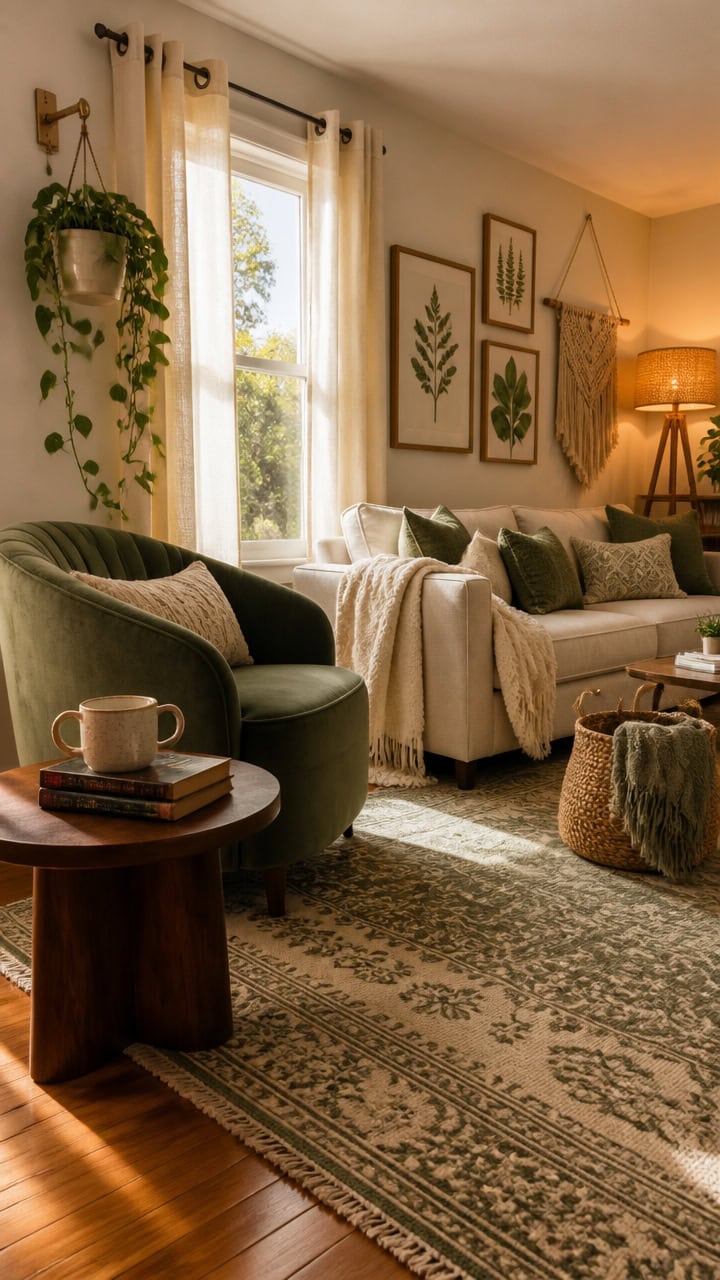 Bright and inviting living room with green armchair, sofa, and botanical wall art.