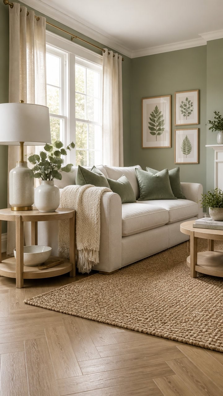 Bright living room with large windows, green walls, and stylish decor. Perfect for relaxing and ente.