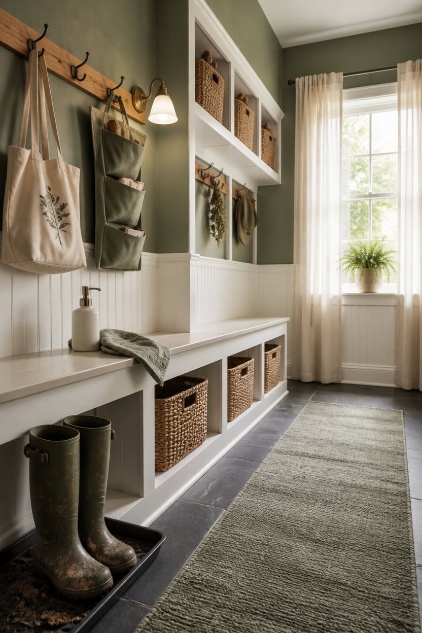 Bright mudroom with storage benches, baskets, and a window letting in natural light.