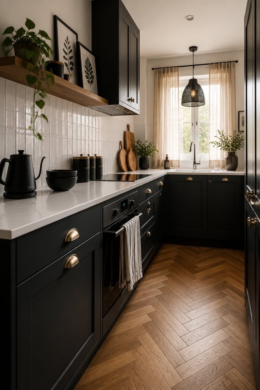 Modern kitchen with dark cabinetry, white countertops, and natural light from large window.