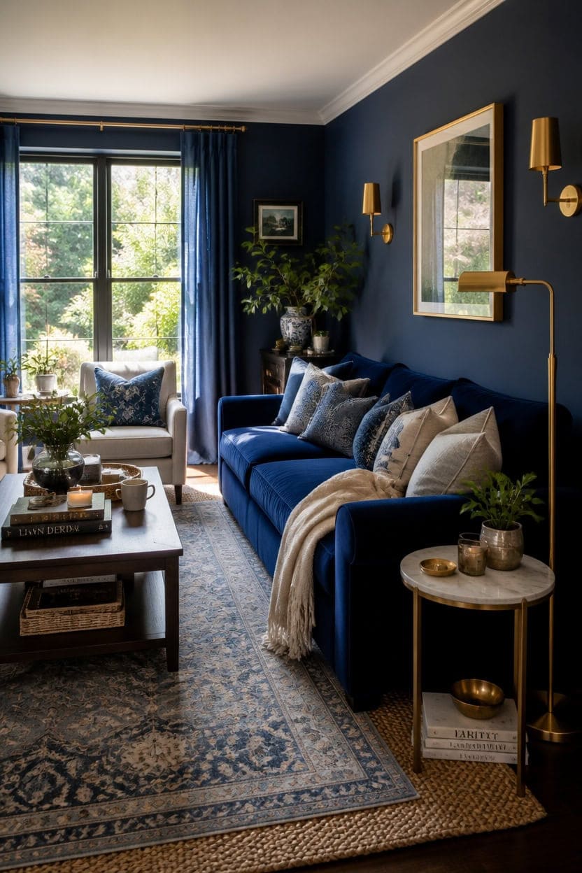 gold accent lighting for blue walls