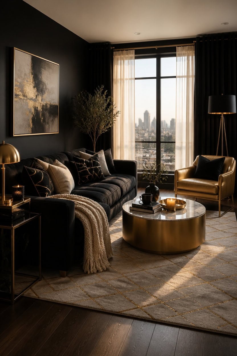 gold accented black living