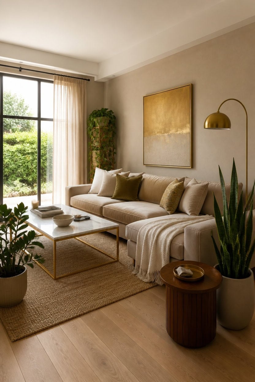 gold accents beige greenery