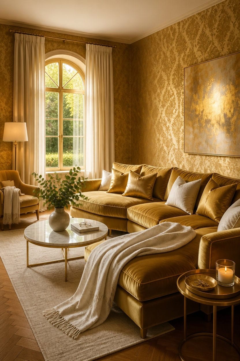 gold accents with soft textiles
