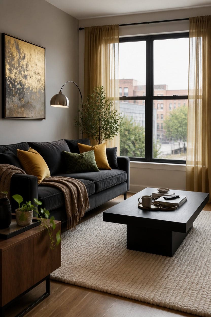 gold curtains charcoal sofa